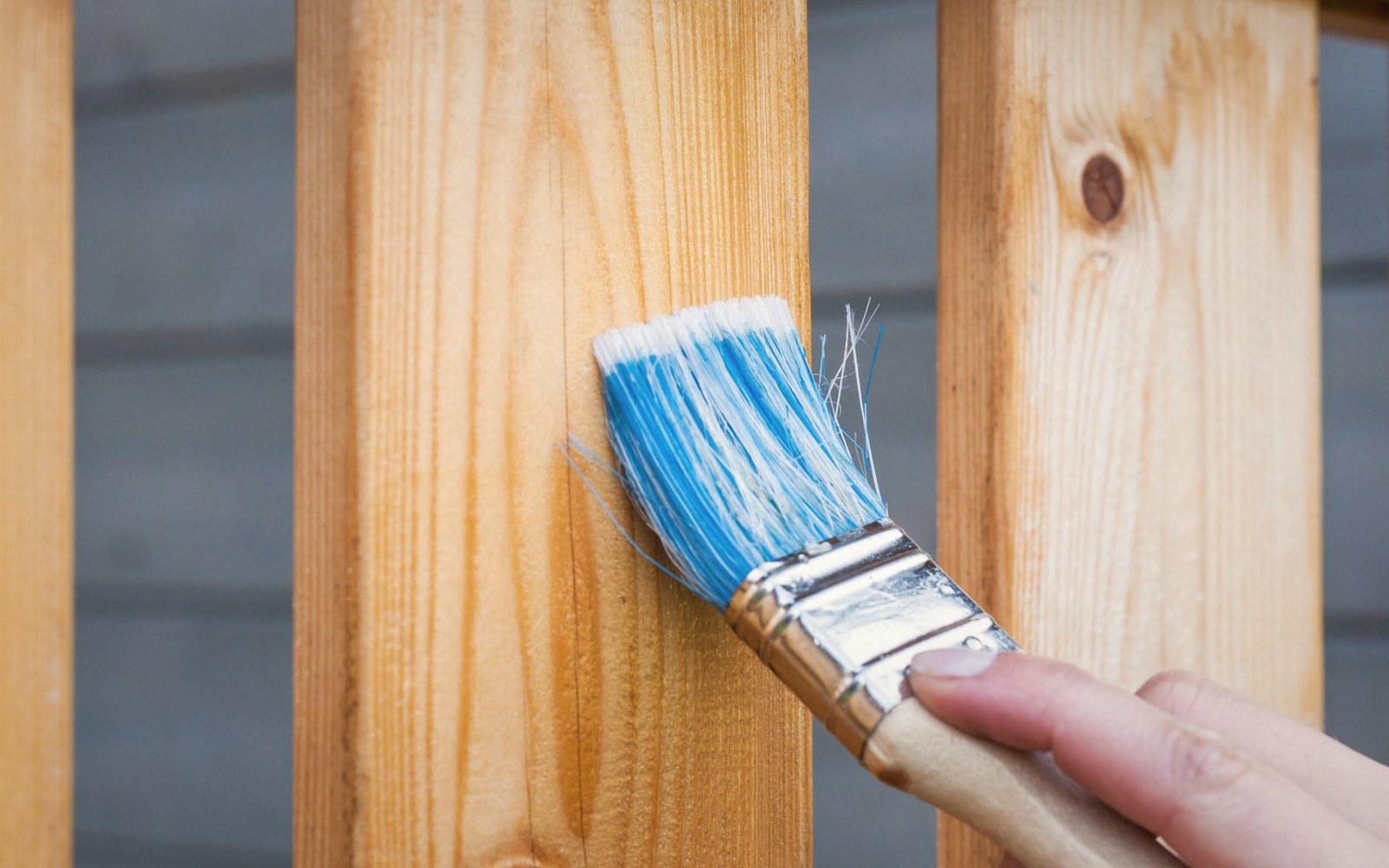 A hand applies wood stain to vertical wooden fence slats with a paintbrush