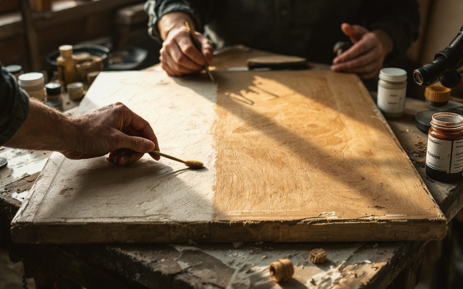 Two people apply paint to a large wooden panel using small brushes on a workbench