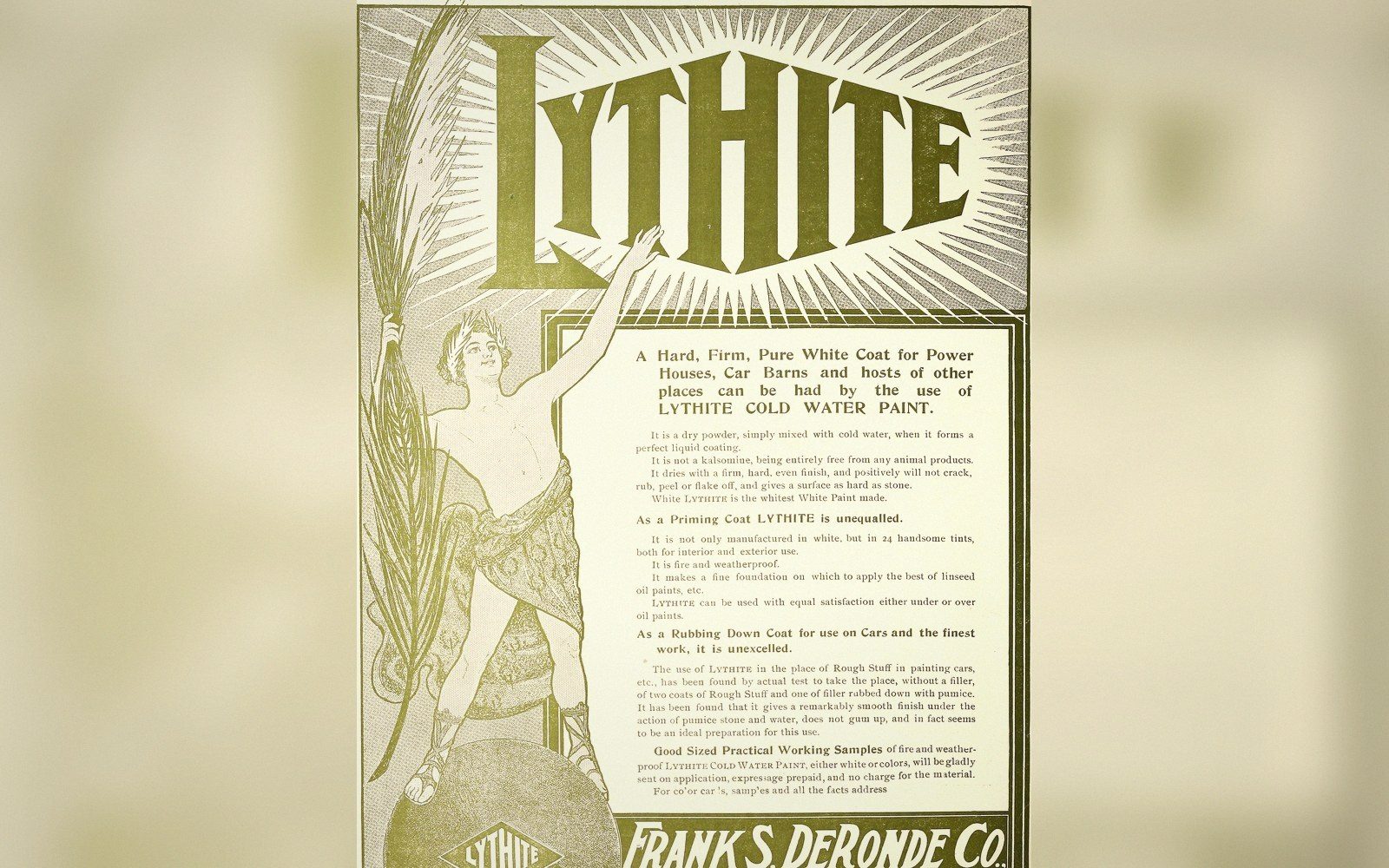 Vintage advertisement for Lythite cold water paint, featuring a robed figure beside sunburst lettering