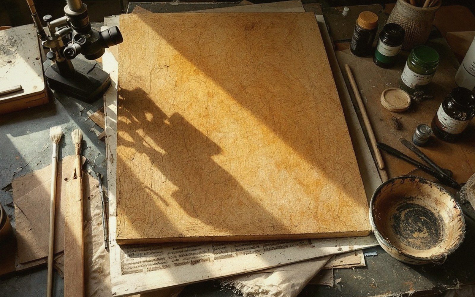 A microscope's shadow falls across a textured canvas surrounded by brushes and pigment jars