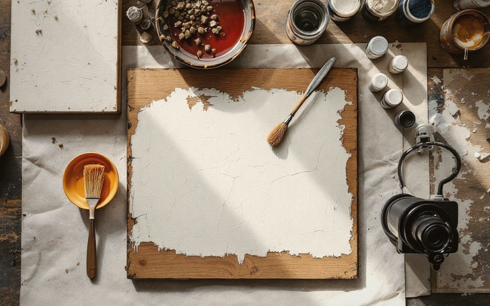 Wooden panel primed with cracked white gesso, surrounded by brushes, jars and a camera
