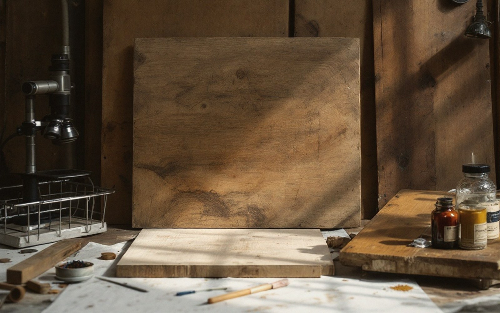 A blank wooden panel stands upright on a workbench beside pigment bottles and a magnifying lamp