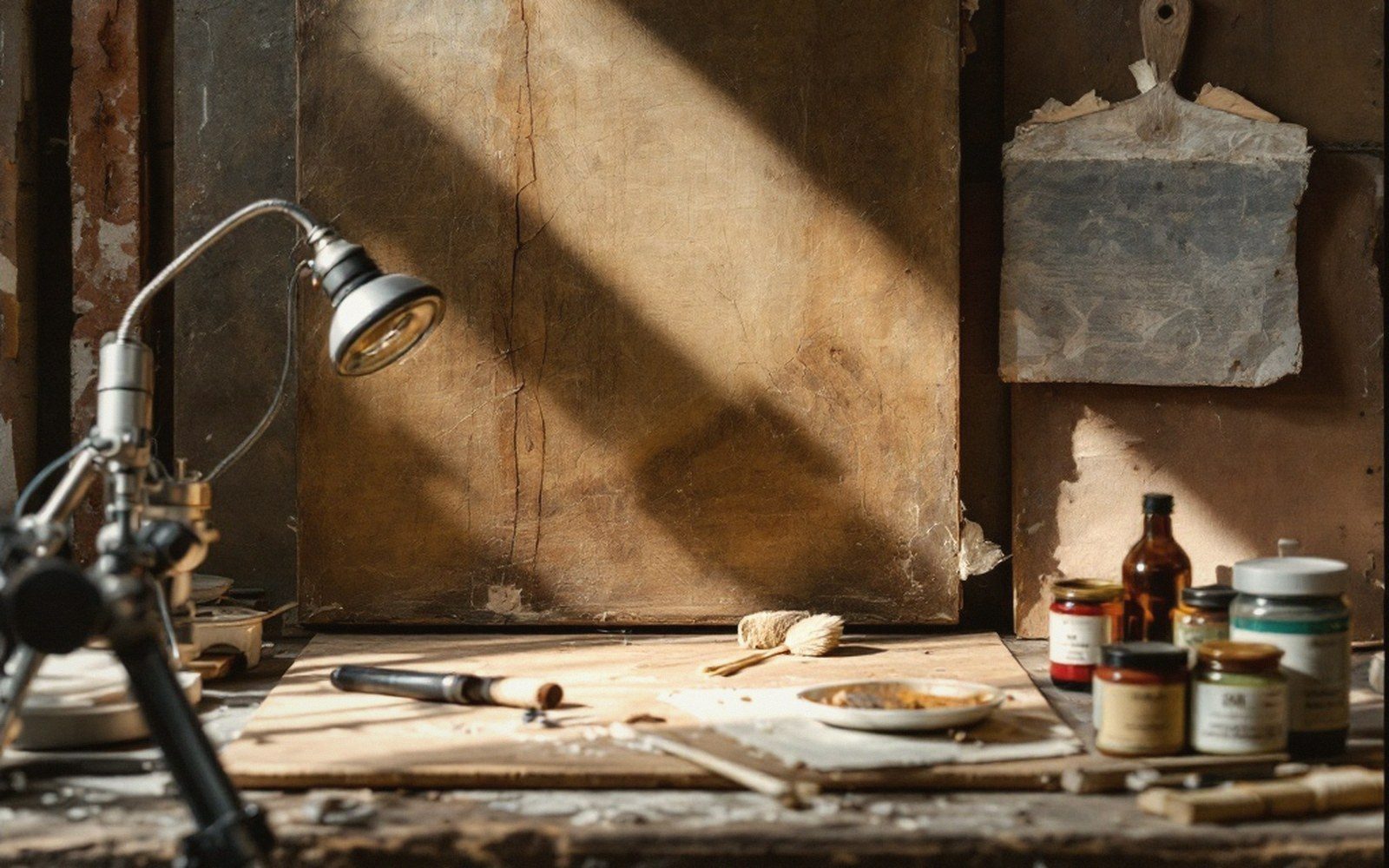 A worn canvas rests against a wall lit by a desk lamp, surrounded by paint jars and brushes