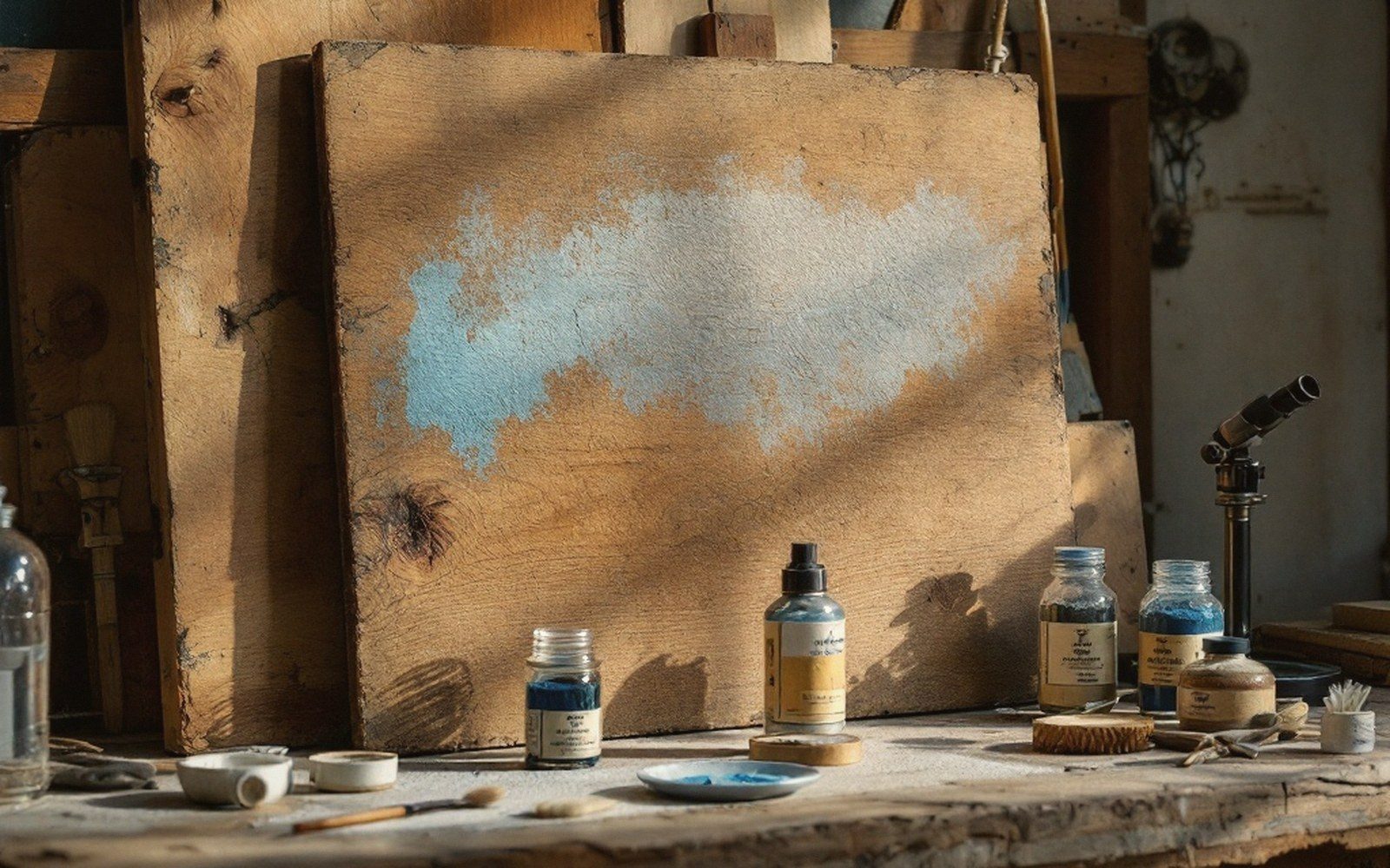 Wooden panel with faded blue pigment surrounded by paint bottles and brushes on a worktable