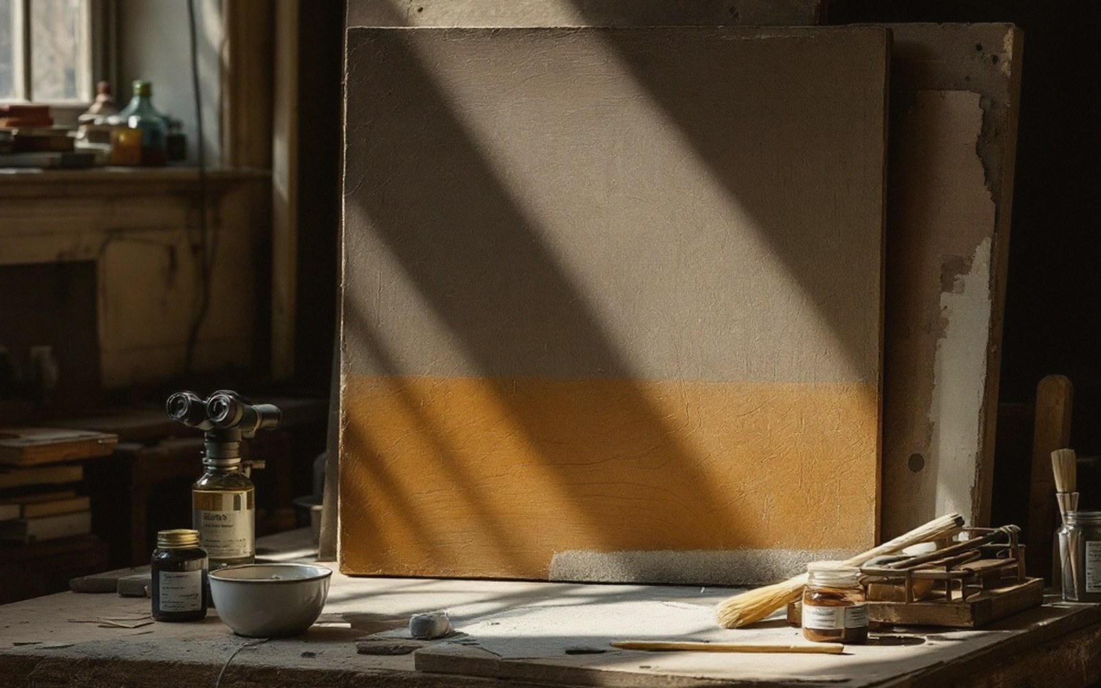 Sunlight streams across a two-toned canvas resting on a studio table with paint bottles and brushes