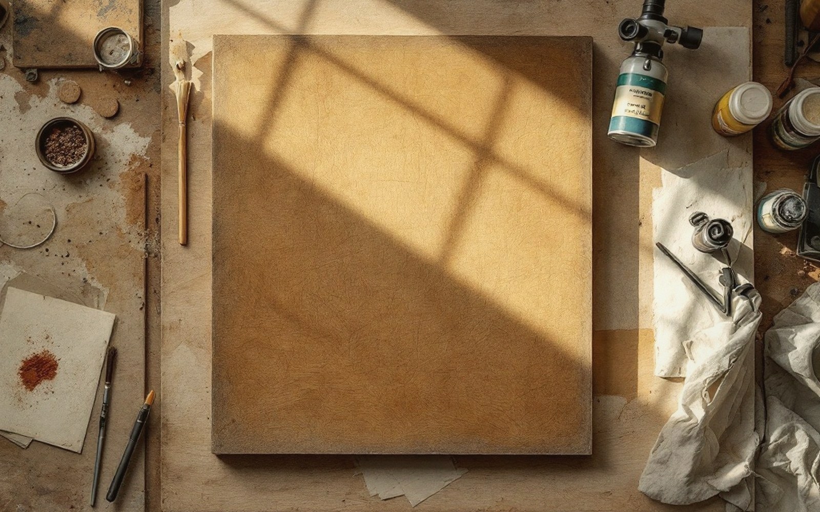 Blank canvas on a paint-splattered studio table with window shadows cast across it