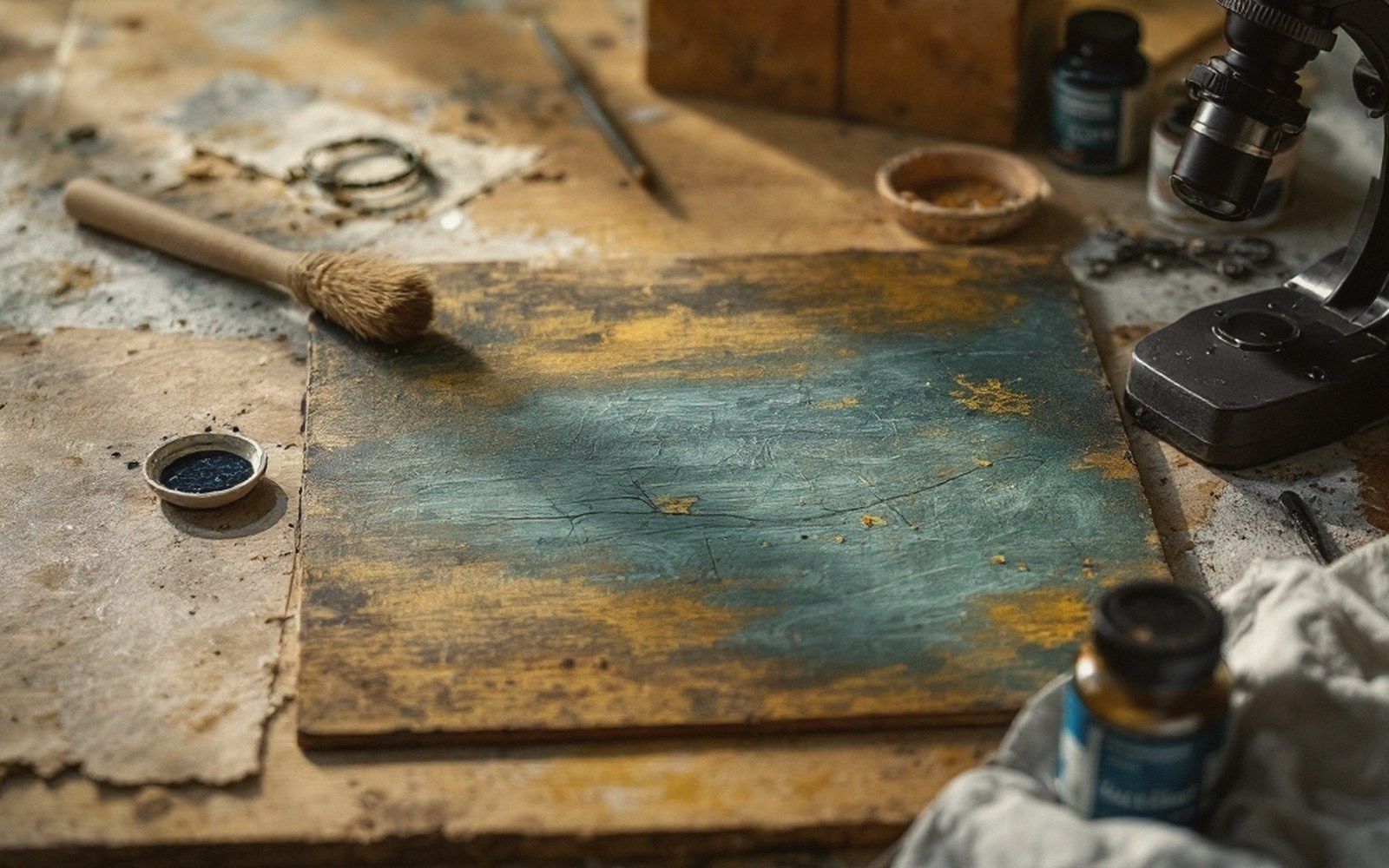 Weathered painted panel with yellowed varnish surrounded by pigments, brushes and a microscope