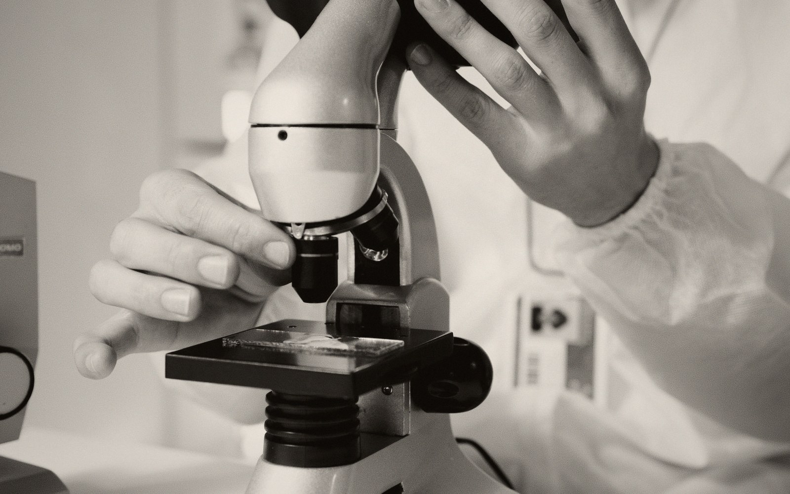 A binocular microscope on its arm over a bench