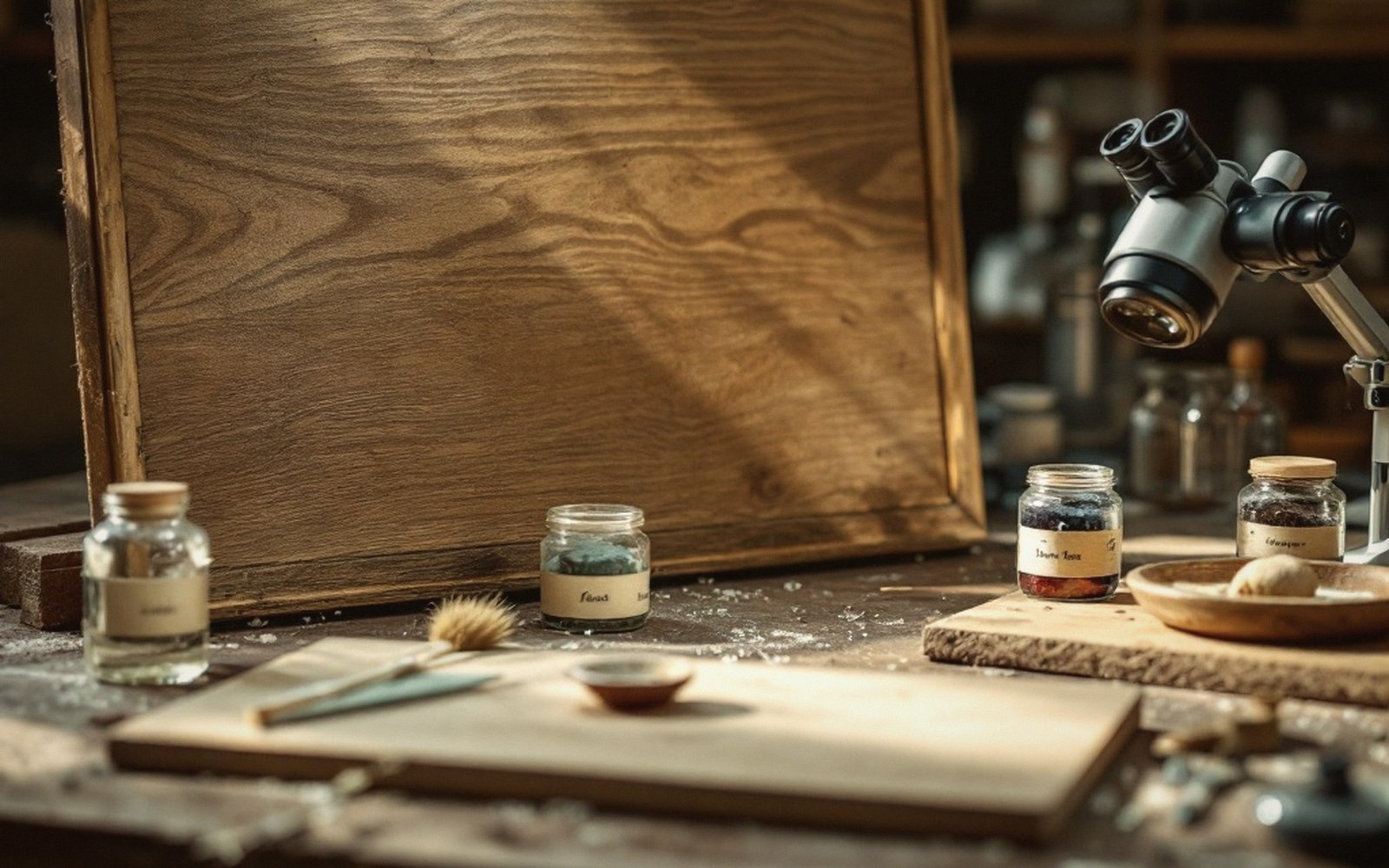 Glass jars of pigment with handwritten labels